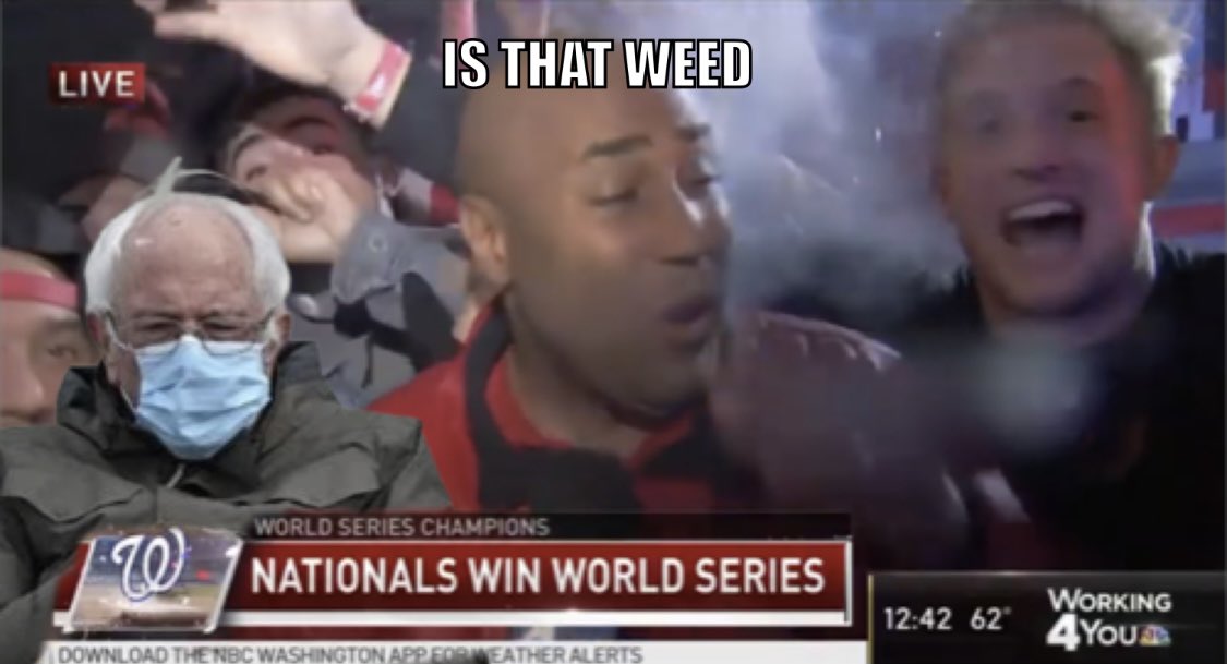 shomaristone's tweet photo. Is That Weed? Nationals World Series celebration. #BernieStyle https://t.co/p2Tg6Er6hg