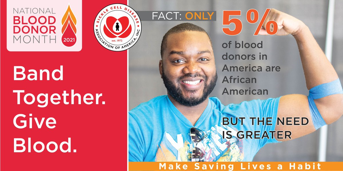 SCDAAorg's tweet photo. Did you know that sickle cell patients benefit most from blood transfusions that come from people of the same race/similar ethnicity? Unfortunately, only 5% of donors are of African ancestry. Give blood as part of #NationalBloodDonorMonth! https://t.co/luuCjGCiIB #NBDM #ADRP https://t.co/f3vEvu7eN5