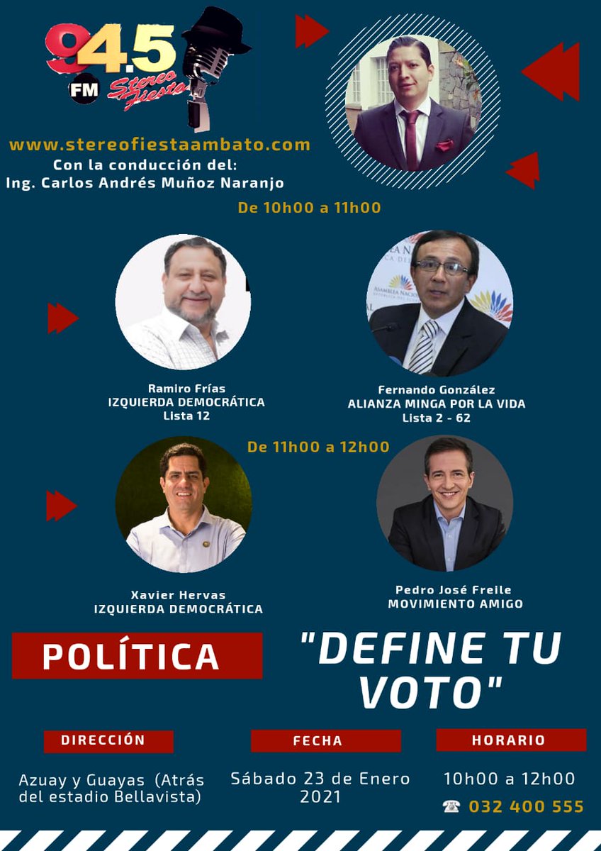 ABCDeportivoEc's tweet photo. Este Sábado 

Decide tu voto 
Con grandes invitados 
Desde las 10 AM hasta 12:00 

Por la señal de 94.5 FM 
#StereoFiesta https://t.co/2oV1q9CMY4
