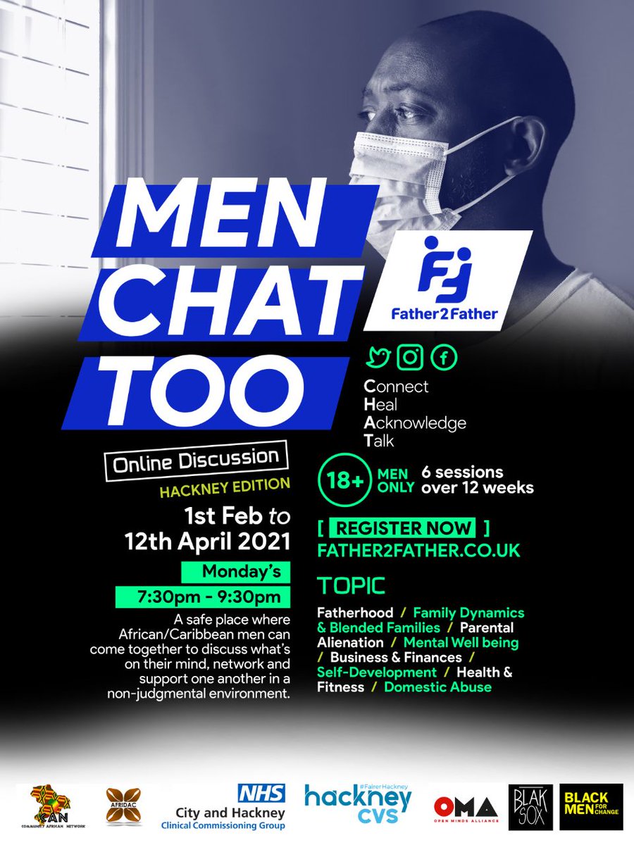 Safe place where African/Caribbean men (18ys+) living, working or studying in HACKNEY can come together online to discuss what's on their mind, network and support one another in a non-judgmental environment.
<a href="/AnntoinetteBra1/">Cllr Anntoinette Bramble</a> <a href="/mayorofhackney/">Mayor of Hackney</a> <a href="/CarolineSelman/">Caroline Selman</a>