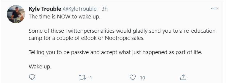 But wait, there's more. He claims that, until recently, he was a Q follower -- only for a short time -- and, alongside calls to violence and strenuous anti-mask rhetoric (not pictured here but yes, there's a LOT of it) and calls to violence are... appeals to disaffected Q folk.