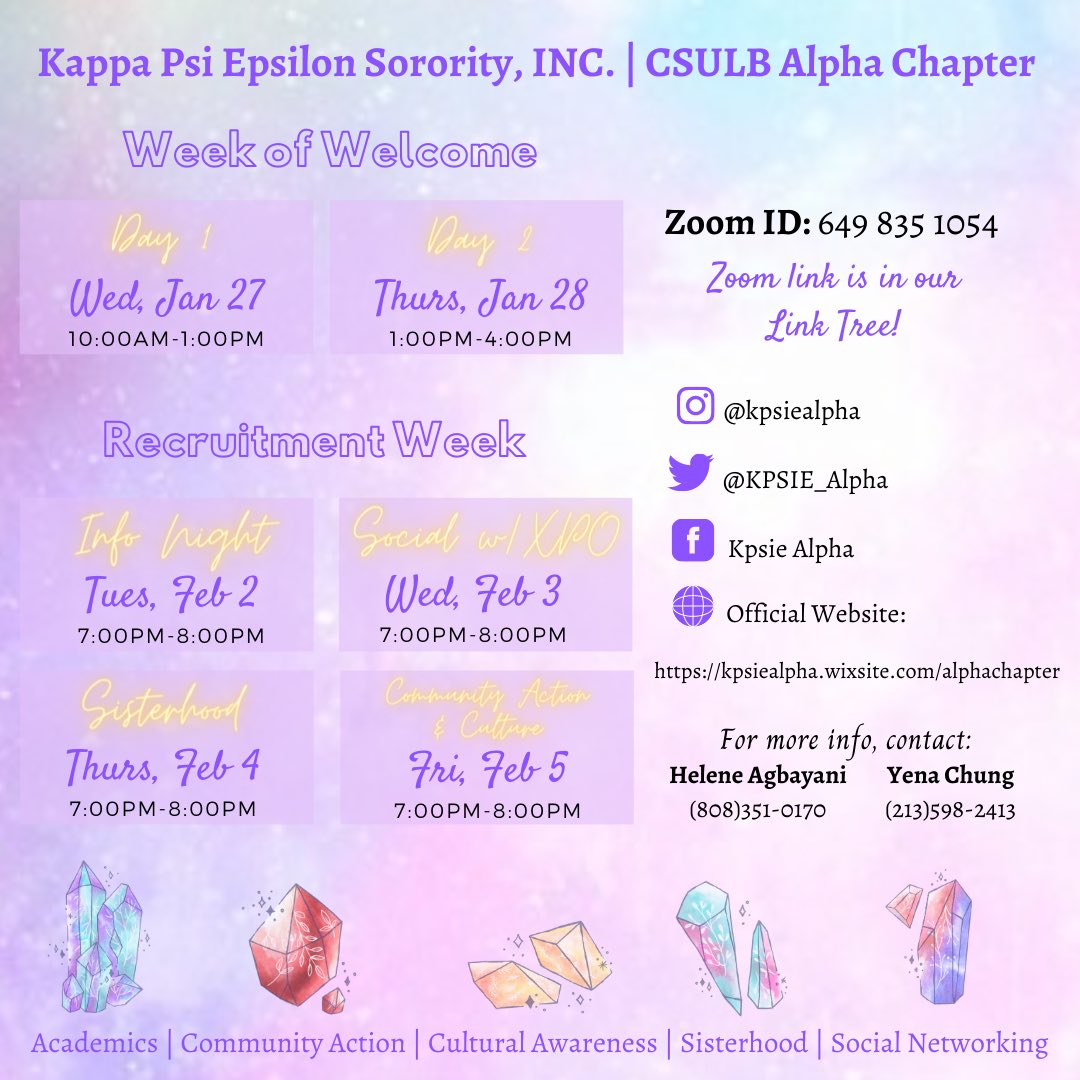 KPSIE_Alpha's tweet photo. Happy Friday everyone! Join us during Week of Welcome (1/27-1/28) &amp; Recruitment Week (2/2-2/5). Hang out with us &amp; get to know more about our org! With us you can Sparkle into Something Revolutionary ✨🔮 https://t.co/0TYlX0ESgD