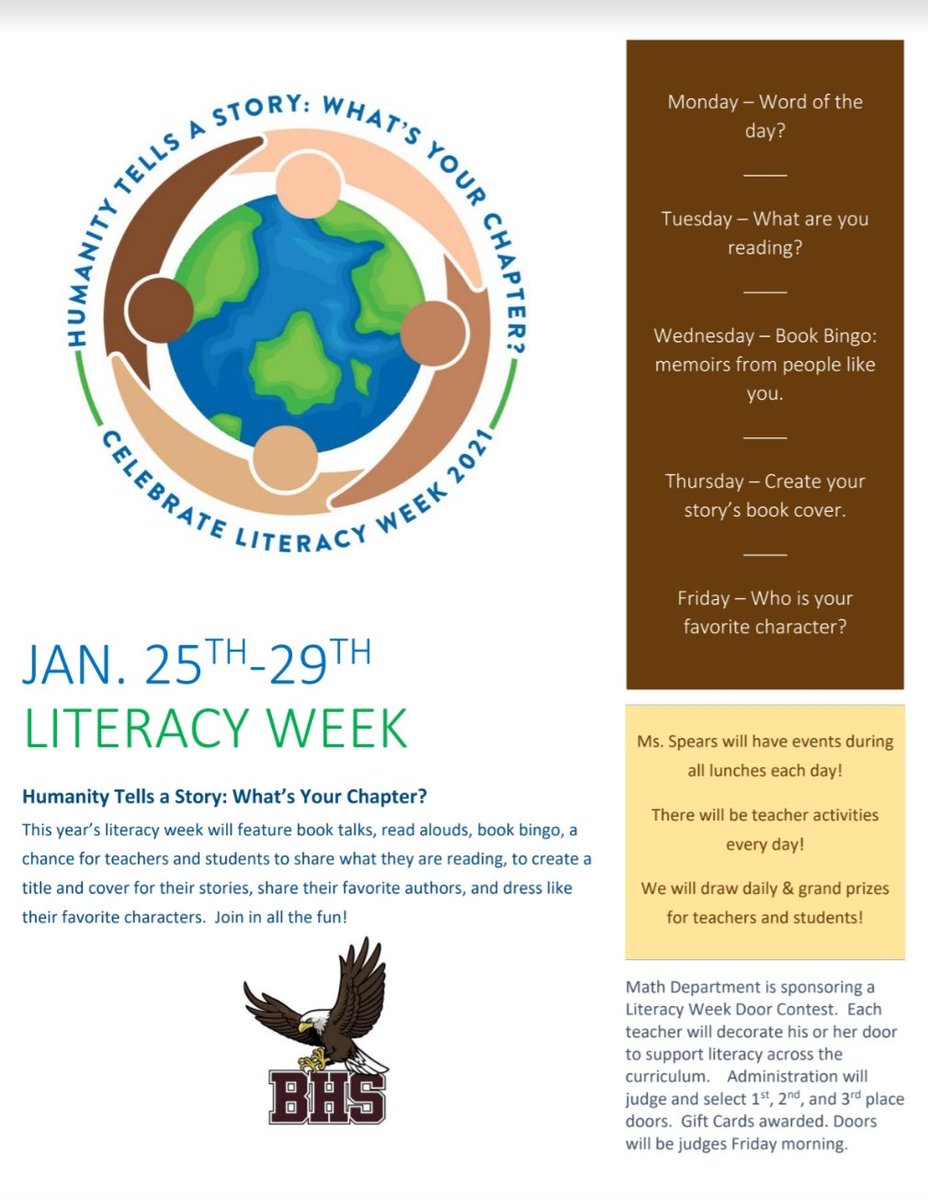 BHSKleinTime's tweet photo. Brandon High School's Literacy Week!!!
#literacymatters
#ignitingthereadingconnection
#bhsreads
@BrandonHSEagles
@MrsNicoleHuff
@HillsboroughSch @AddisonGDavis
@HCPSRead @tracolya https://t.co/kp0TsE0cQk