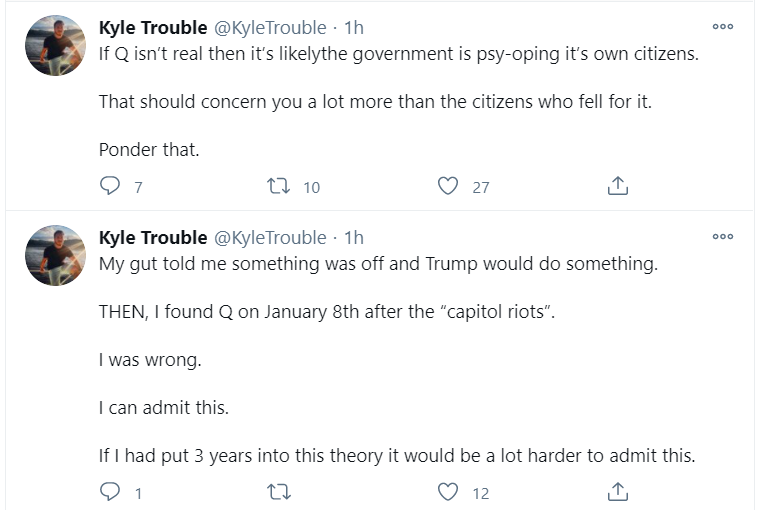 But wait, there's more. He claims that, until recently, he was a Q follower -- only for a short time -- and, alongside calls to violence and strenuous anti-mask rhetoric (not pictured here but yes, there's a LOT of it) and calls to violence are... appeals to disaffected Q folk.