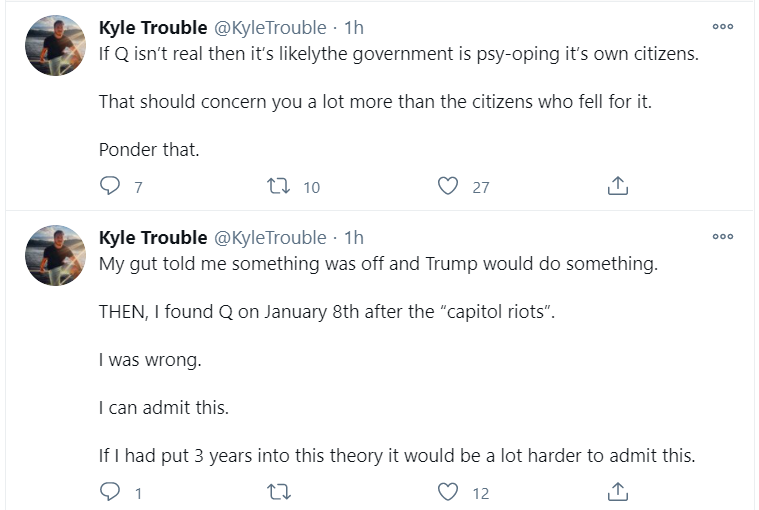Let's zoom and enhance on the posts where he targets disenchanted Q followers (image 1). Look how he follows it up (image 2): by amplifying and soothing someone who responded.I've had some good conversations with  @dragnet_news about the persuasive value of likes & RT's: