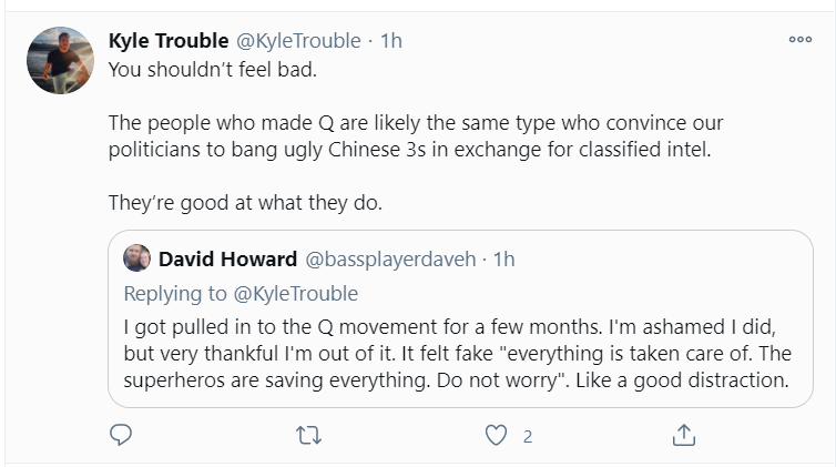 Let's zoom and enhance on the posts where he targets disenchanted Q followers (image 1). Look how he follows it up (image 2): by amplifying and soothing someone who responded.I've had some good conversations with  @dragnet_news about the persuasive value of likes & RT's: