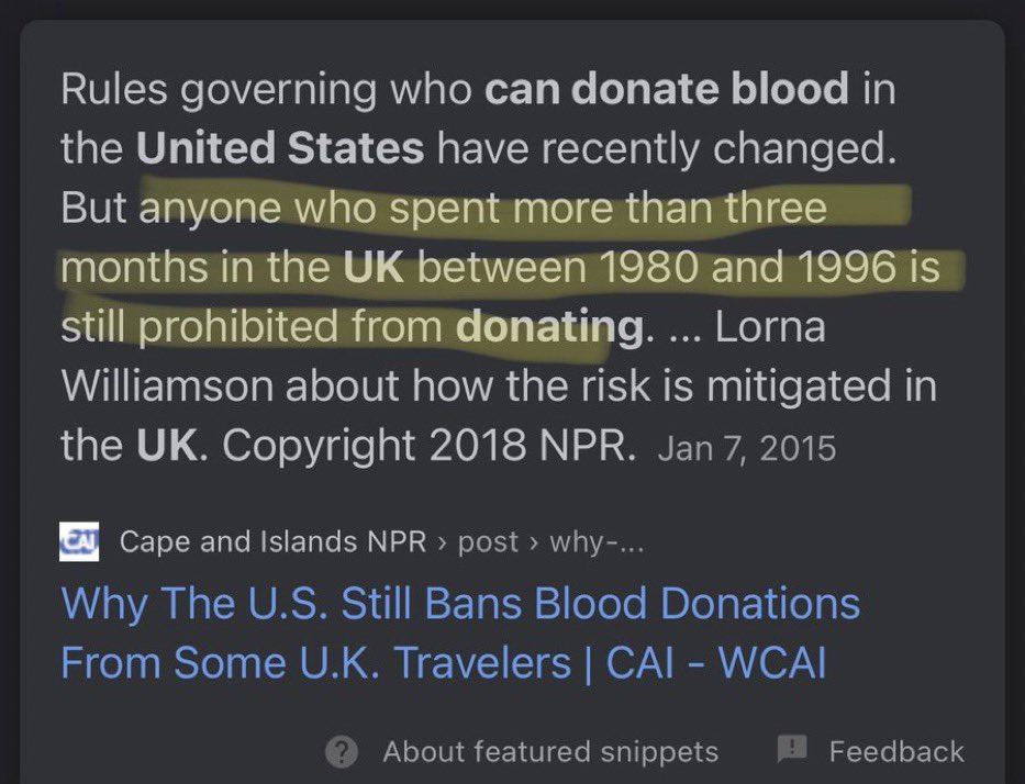 AND NOW THE BOMBSHELL. you literally can’t donate blood in america if you lived in the uk between 1980 and 1996. there’s NO WAY he could have donated blood in america. thank you to  @fuckingavacados for bringing this rule to my attention because 