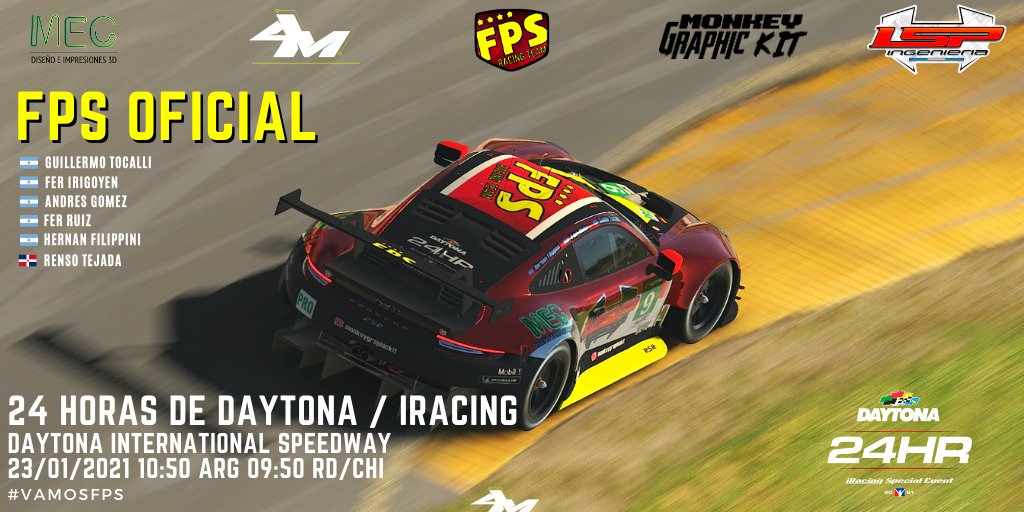 FPS_Racing_Team's tweet photo. 🏁RACE DAY🏁
Llegó la hora!!!!
Daytona 24 de @iRacing!
Suerte a nuestros pilotos:
@RensoTG
@AndresGomez293
@NandoRuiz13
@HernanFilippini
#FerIrigoyen
#GuilleTocalli
📺En vivo:
https://t.co/b9KojeEiqE
https://t.co/yi1ceecPRj
Sponsors:
#MGKit
#AMePhoto
#Mec3D
#LSPIng https://t.co/746zpjxKgl