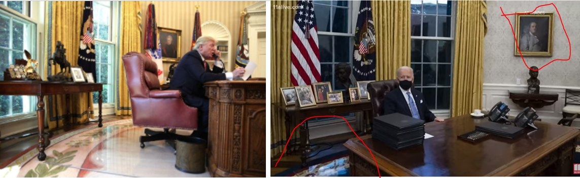Did more research w/ more issues of Oval Office:*Carpet doesnt match drapes *Different portraits on left side wall of seated POTUS*On POTUS seated right, Trump had portrait where Biden has scenery painting*Wallpaper are different*Trump's vs Obama's CarpetCase Closed!