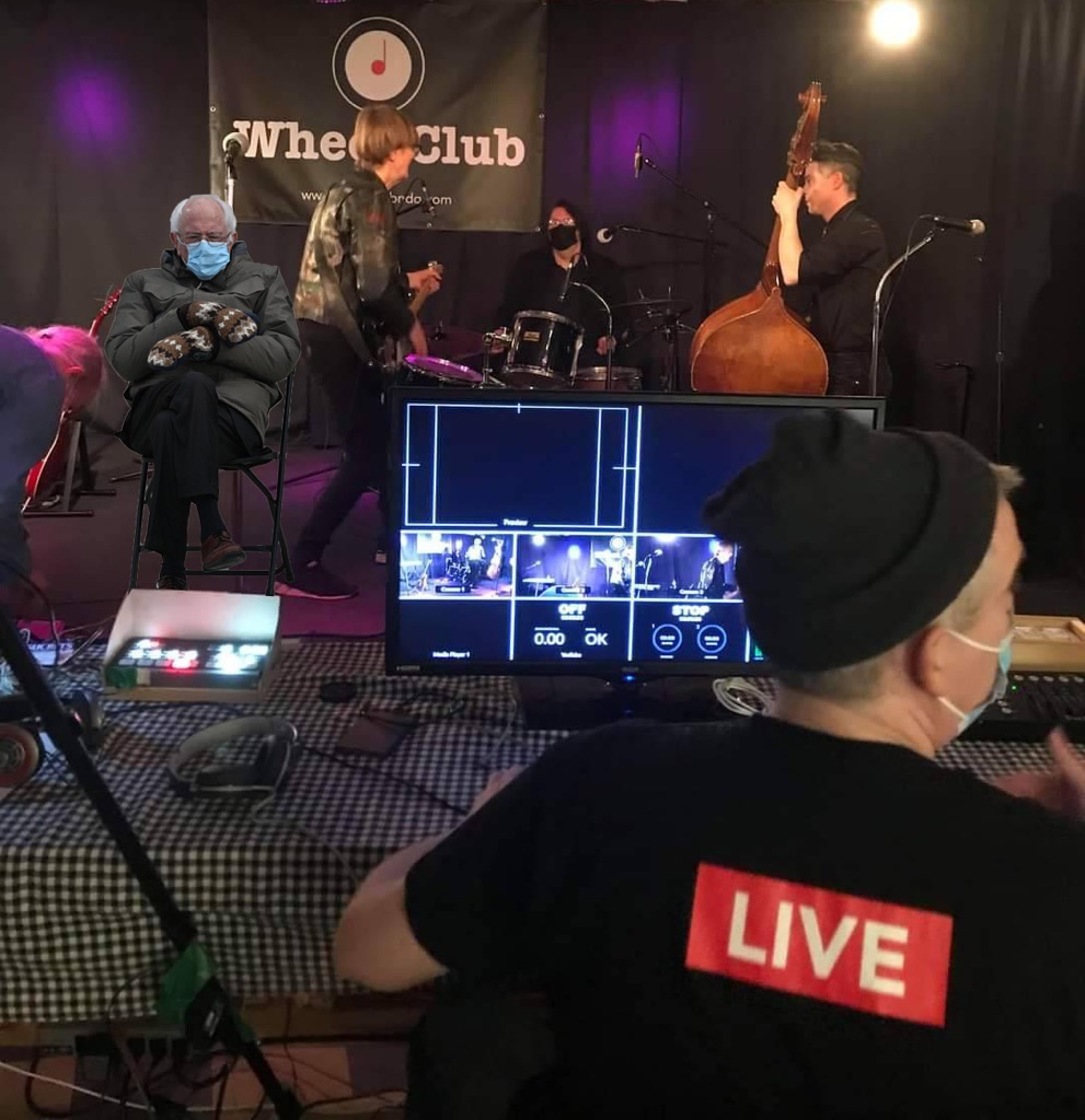wheel_club's tweet photo. Bernie is settling in and warming up as we get ready for tonights stream 8PM ET at https://t.co/nw9aQKcVwN of Eric Sandmark and his Ramblers #Rockabilly to get Bernie throwing off those lovely mittens and go dancing around the room #wheelclub #NDGmusic #BernieSandersMittens https://t.co/VlbJxrhcoX