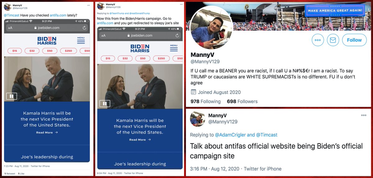 Here are the earliest on-topic tweets linking antifa(dot)com, from August 2020. The account that posted the first 2 tweets,  @MannyV129, was created 3 days before posting them and did not tweet about any topic other than the antifa(dot)com website in its first 4 weeks on Twitter.