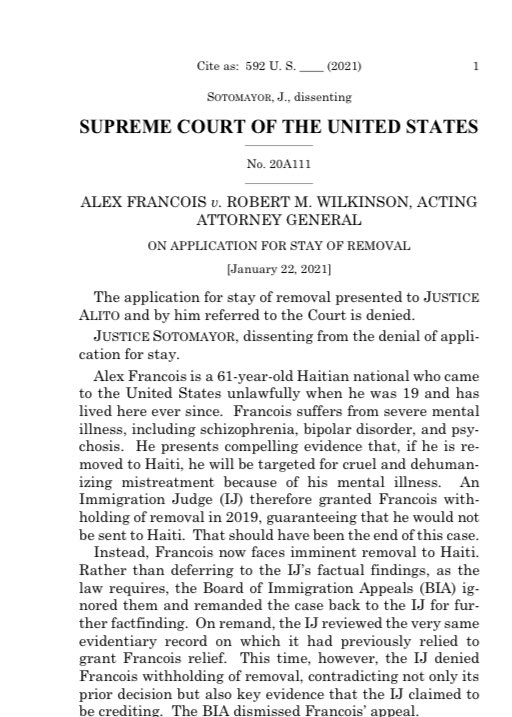 Sotomayor dissents as Supreme Court declines to put hold on pending deportation of a 61-yr-old Haitian man