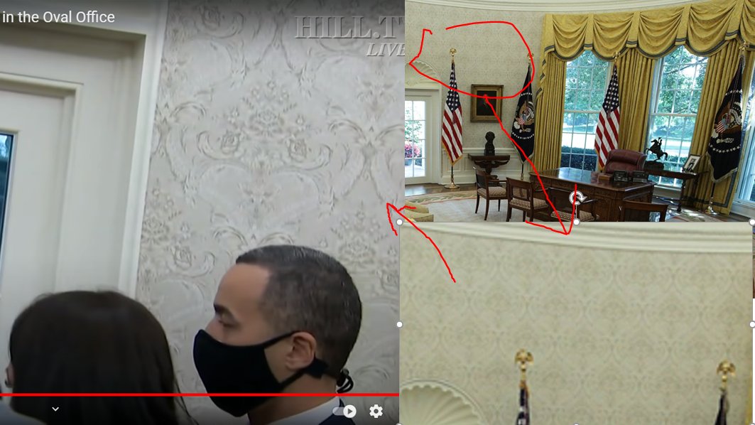 Did more research w/ more issues of Oval Office:*Carpet doesnt match drapes *Different portraits on left side wall of seated POTUS*On POTUS seated right, Trump had portrait where Biden has scenery painting*Wallpaper are different*Trump's vs Obama's CarpetCase Closed!