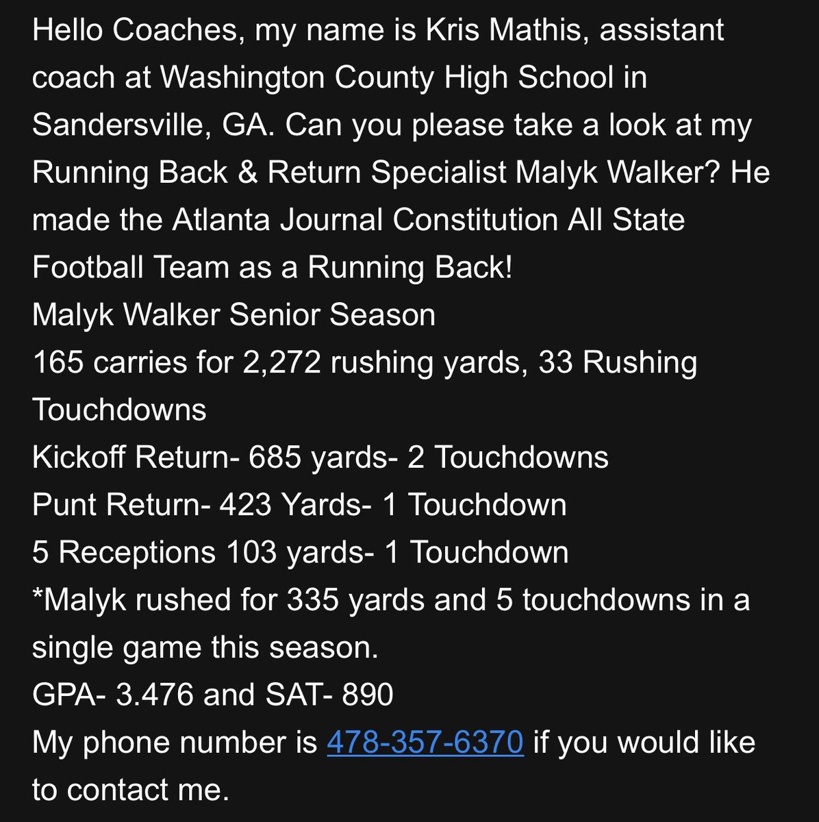 CoachK_Mathis's tweet photo. Hello coaches! HS senior RB, Malyk Walker is the playmaker you’ve been looking for! All State RB! Please let’s find this awesome young man a college home for next season!           @_CoachPWilliams @BallAtTheBeach @UWGFootball @RecruitGeorgia @EliteGARecruits @MorehouseFB https://t.co/Y8wxU0NbQX
