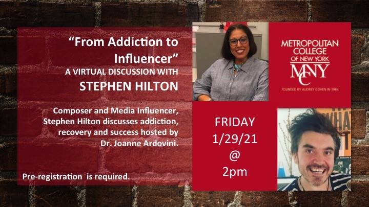 MCNYalumni's tweet photo. #myMCNY presents: “From Addiction to Influencer” - VIRTUAL WITH STEPHEN HILTON - #Addiction, #recovery and #success discussion hosted by Dr. Joanne Ardovini.
Free Pre-registration is required.  https://t.co/585NnayyaU https://t.co/24n472RRVN