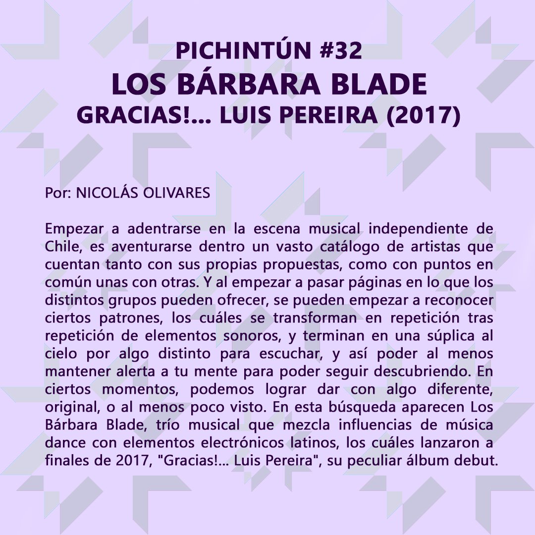 edle_cl's tweet photo. ¡Hay un nuevo #Pichintún! Nicolás Olivares reseña el LP de Los Bárbara Blade, "Gracias!... Luis Pereira" (2017). Puedes encontrar la crítica en la foto 👇

#losbarbarablade #sellocazador https://t.co/Y7zsoYUMES