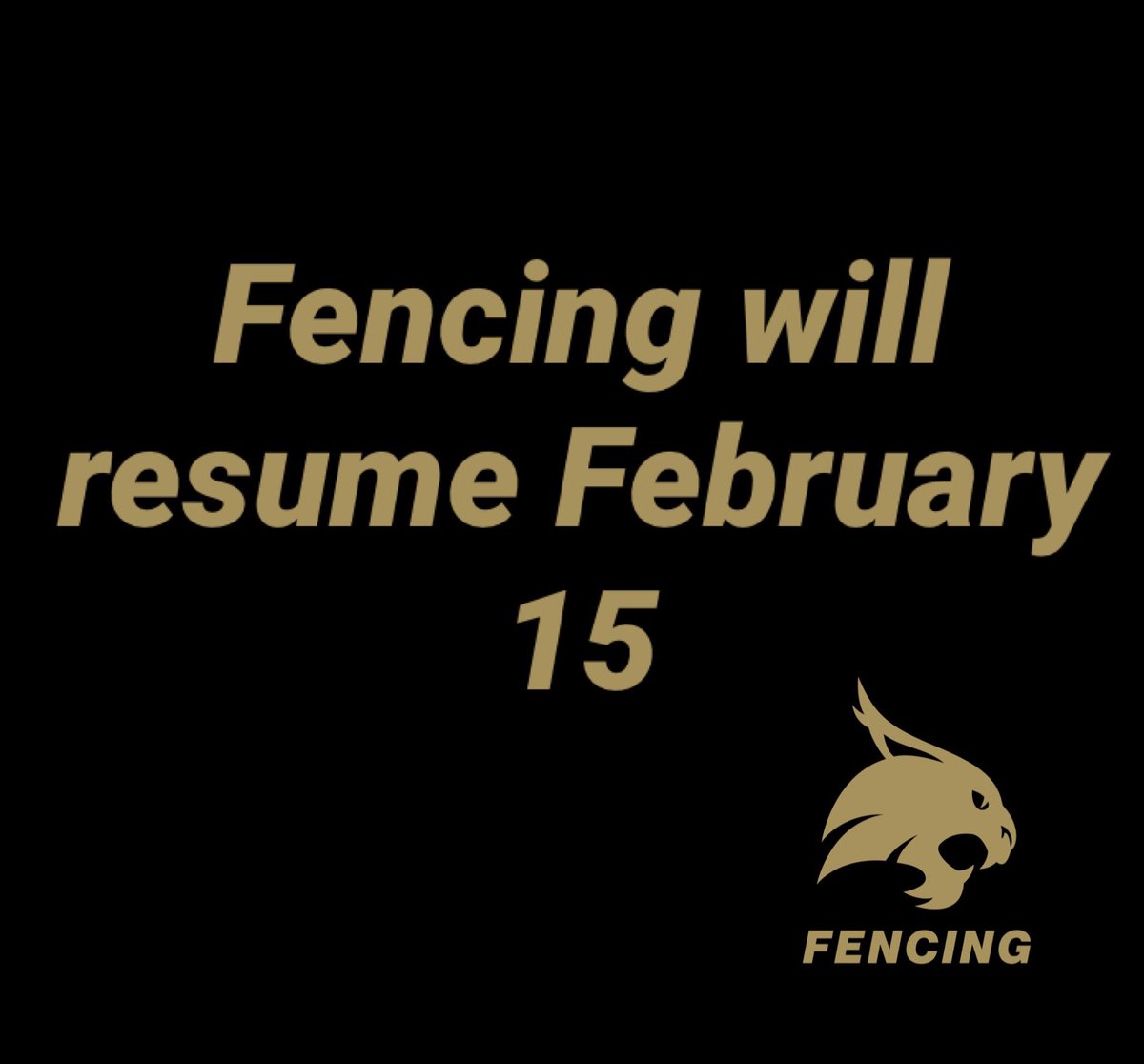TXSTFencingClub's tweet photo. Hello bobcats! Hope y’all had a good first week of classes. Since the semester has begun we will start fencing again February 15! We hope to see you again! 
DM us for more information! 
#fencing #txst #texas #texasstateuniversity #bobcats #txstbobcats https://t.co/Pva9NdFb9M