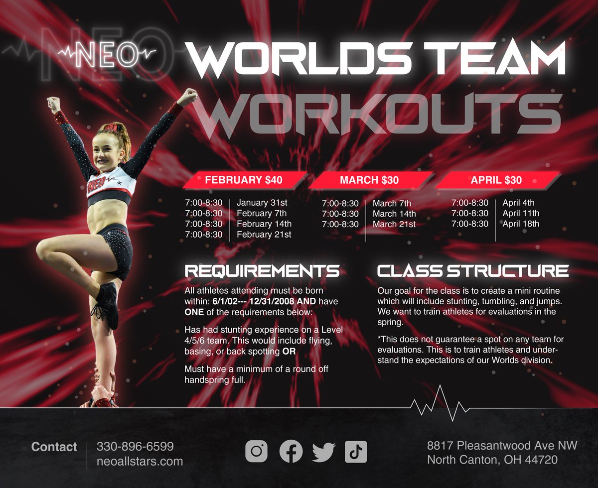 BIG NEWS‼️Northeast Ohio All Stars has been rebuilding our program in order to take our athletes to the NEXT level! Our goal as a program is to enter into the Worlds division in the 2021-2022 season.

For more information, please email jenna.neoallstars@gmail.com