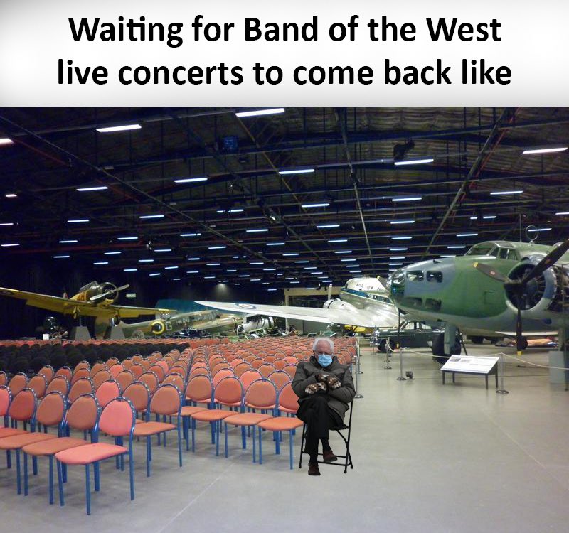 AFBandoftheWest's tweet photo. Don’t worry, we’ll be back as soon as we can! Until then, we have some spectacular #livestream events planned - stay tuned for more info! 
#usafbands 
#Berniememes #BernieSandersMittens #BernieSanders https://t.co/sEzSGlPRQh