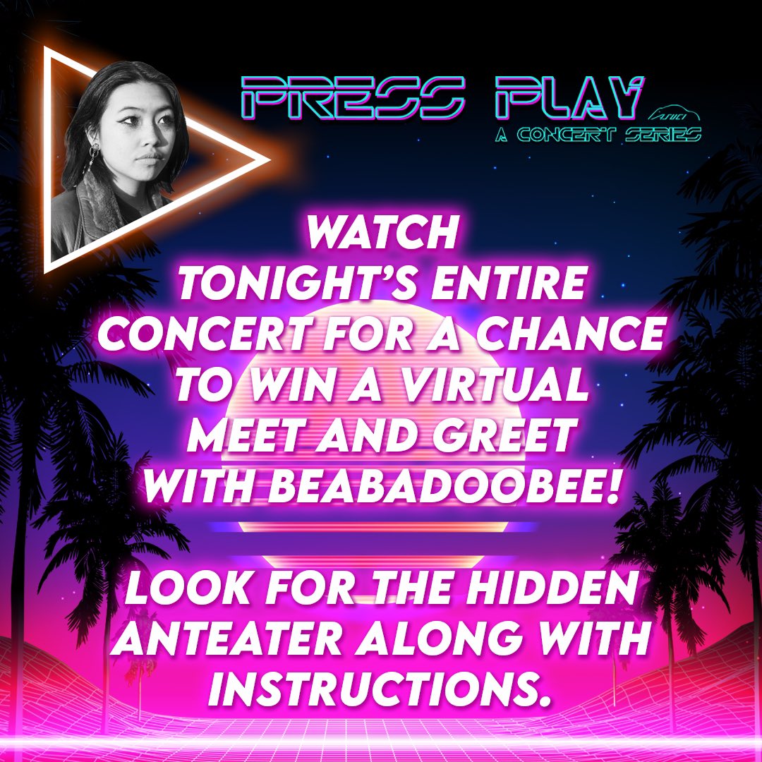 Be sure to watch the entire virtual concert tonight at 6:15pm with Beabadoobee for your chance to win a virtual meet and greet with her! 
Look for the “hidden” anteater and the instructions of what to do! Concert link posted on FB event page!