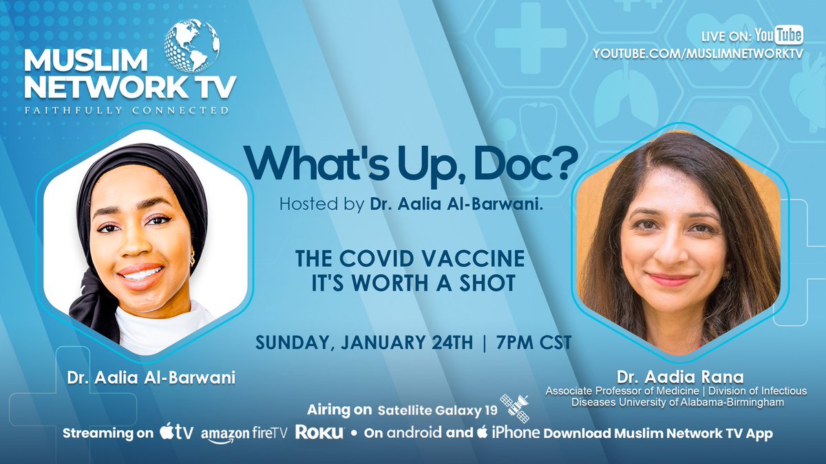 Join Dr. Alia Al-Barwani <a href="/liabliving/">Lialiving</a> and me on her show for a wide ranging discussion on the Covid vaccine including dispelling myths re: changing your DNA, causing infertility, and-a new one for me- making you speak a different language! Jan 24 7pm CST YouTube.com/Muslimnetwork