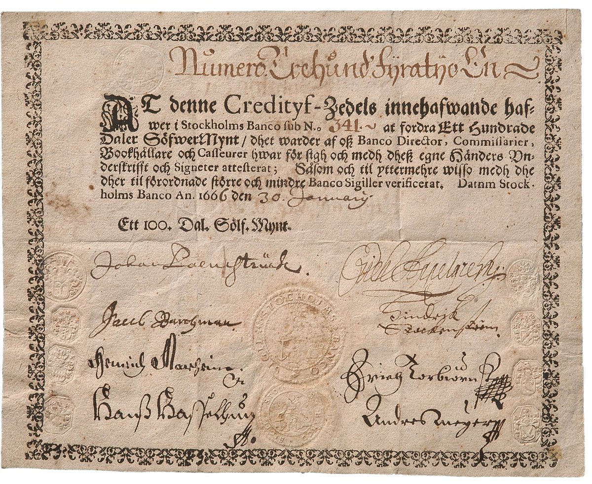 In 1695, the Bank of England became one of the first banks to issue banknotes, the first being the short-lived banknotes issued by Stockholms Banco in 1661.