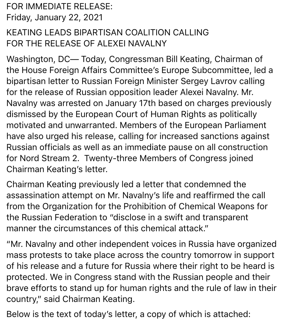4freerussia_org's tweet photo. ⚡️⚡️📢⚡️⚡️
Congressman @USRepKeating and a bipartisan group of 23 US Representatives has issued a letter to the Russian Foreign Minister, demanding the immediate release of Alexei #Navalny.
The full text is attached. https://t.co/H9RGak3OD2