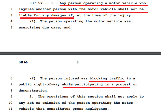 Second, SB66 shields drivers who run over protestors from any damage liability--so long as the protestor was "blocking traffic" and the driver was "exercising due care."Let's be clear--when you hit someone with your moving car, you are *not* exercising due care. 5/