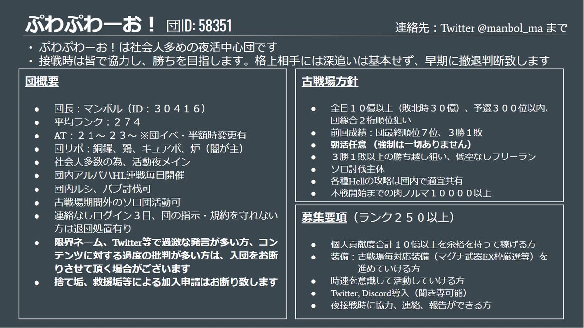ま 現在ぷわぷわーお では団員1名募集中です 古戦場では基本ソロ 貢献度調整なしの夜活動がメインの社会人団です なお ドレバラについてはノルマ制の最高報酬取得狙いです 添付の募集要項を確認の上 興味ある方はdmをお願いします グラブル ま 現在ぷわぷわーお では団員1名募集中です 古戦場では基本ソロ 貢献度調整なしの夜活動がメインの社会人団です なお ドレバラについてはノルマ制の最高報酬取得狙いです 添付の募集要項を確認の上 興味ある方はdmをお願いします グラブル