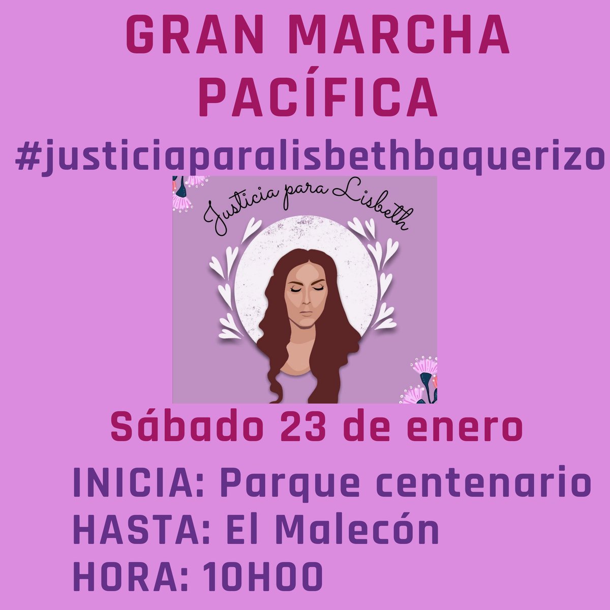 LisbethBaqueri1's tweet photo. Invitamos a la marcha pacifica y solidaria a  a quienes deseen sumar y unir su voz en protesta por la lentitud y falta de agilidad en el proceso penal por el caso  de Lis Baquerizo  y contra el femicidio de todas voces que hoy no estan .
#justiciaparalisbethbaquerizo https://t.co/tGDUynxM6O