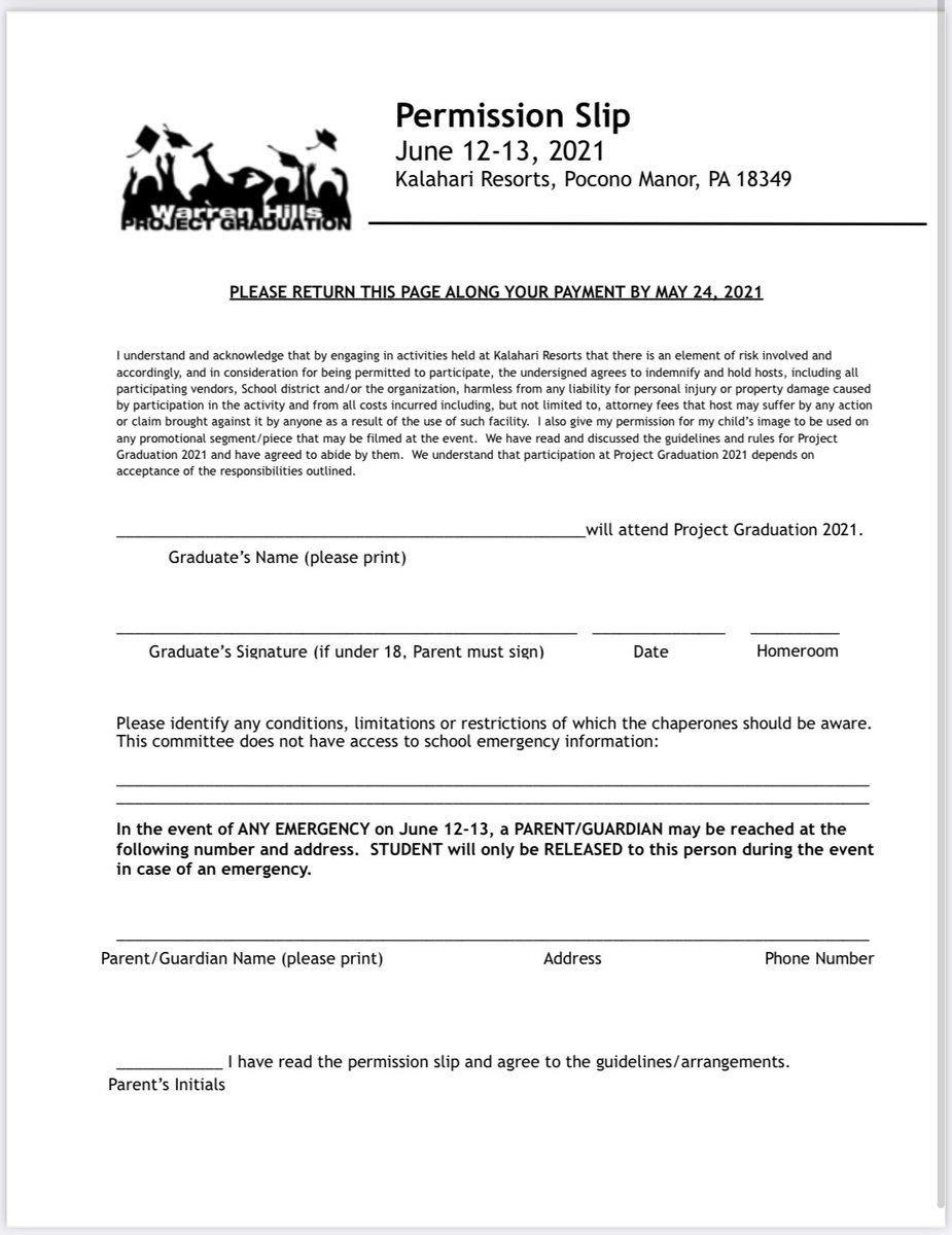 Class of 2021 parent please check with your seniors regarding the permission and registration form for Project Graduation.