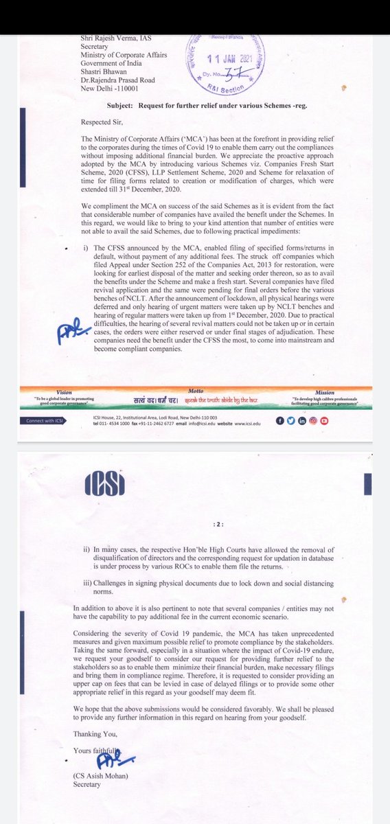 HemantAWaghmar2's tweet photo. Dear Ministers.. Pl consider representation submitted by ICSI on 11.01.2021 n bring something for left over Co n lips from cfss n llps schemes. #Extend_CFSS #Extend_Due_Date_Immediately @narendramodi @nsitharaman @PMOIndia @ianuragthakur @Anurag_Office @OfficeOfNG @nitin_gadkari https://t.co/FAZTgSvWcU