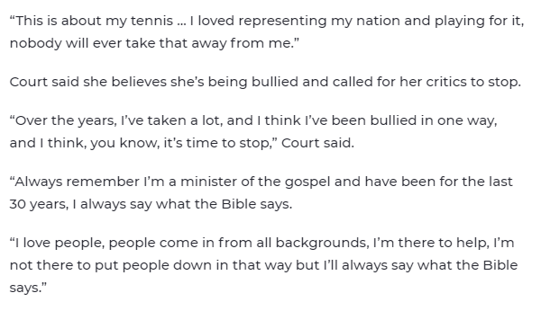 1 - This isn't about tennis. Court has been recognised constantly for her achievements in tennis. What Court is being celebrated for by Morrison is her religious views, and he knows he can't say the things Court has publicly, so he gives an award for them.