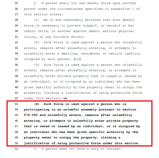Fifth, SB66 authorizes the use of deadly force when an individual engaged in an unlawful assembly trespasses onto private property. Deadly force can be used by the owner or by an occupant to whom the owner has given authority.11/