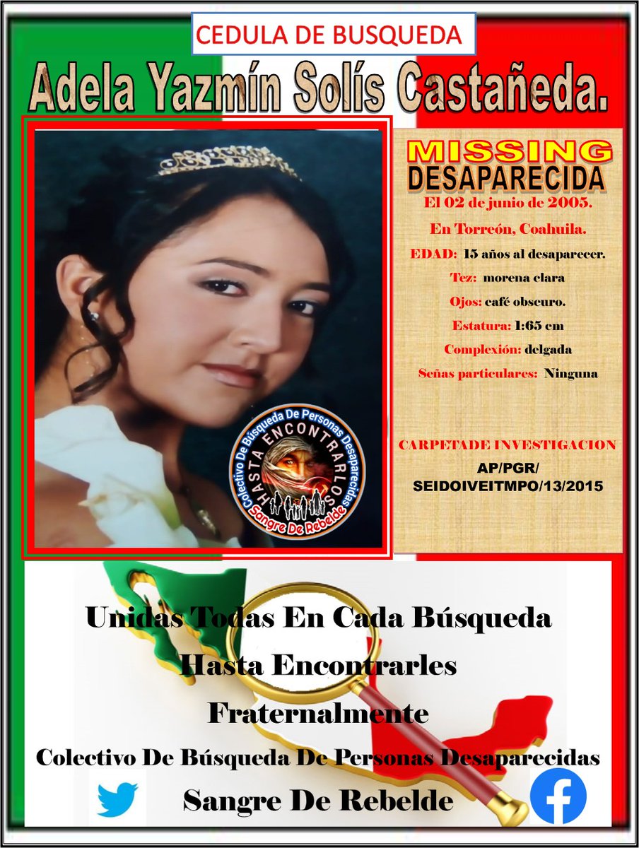 #CampañaDeBúsqueda,

#TuTesoroDesaparecido,

#EsTambiénMiTesoro,

Y lo busco con el mismo, amor ♥️que busco,
A mi hermana.
<a href="/sangrederebelde/">🇲🇽 Colectivo De Búsqueda SangreDeRebelde🇲🇽</a> <a href="/ayudaabuscar/">Te estamos buscando</a> <a href="/TeBuscamos2/">Te Buscamos</a> <a href="/TeQueremosVivo1/">Te Queremos Vivo</a> <a href="/missing_bc/">🇵🇸🕊️ Missing_bc 🇷🇺🕊️</a> <a href="/botDesaparecidx/">BotDesaparecidx</a> <a href="/laAlamedaAzcap/">LaAlamedaAzcapozalco</a> <a href="/Jorgito702Jorge/">🤖 JORGITO CTA. OFICIAL 👷‍♂️🏗️</a> <a href="/SilviaCarlova/">Silvia Carlova</a> <a href="/OlarteLeonor/">Leonor Olarte</a>