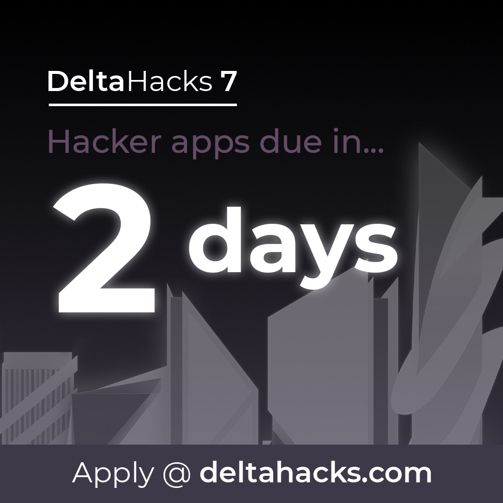 DeltaHacks applications are closing in 2️⃣ DAYS!

Sign up today @ my.deltahacks.com! 🌐

If you have any questions, please feel free to email us at hello@deltahacks.com or dm us!

#dh7 #apply #virtual #hackathon #deltahacks #countdown #fireballfamily #mcmaster