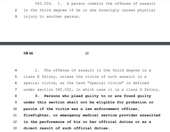 Sixth, SB66 prohibits individuals found guilty of assault in the first or second degrees toward a police officer, firefighter, or EMS from receiving any probation or parole. 12/