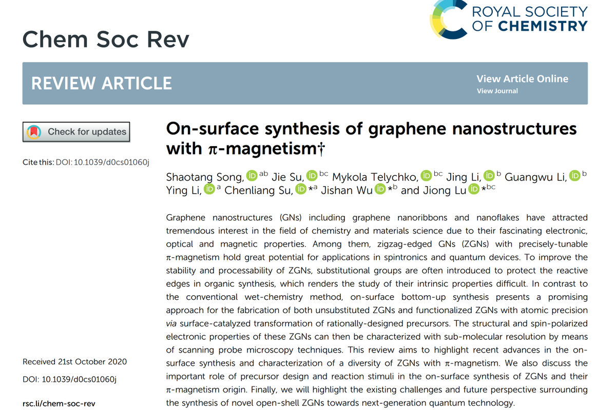 Our review 'On-surface synthesis of graphene nanostructures with π-magnetism' in now published in Chemical Society Reviews. doi.org/10.1039/D0CS01…, in collaboration with chenliang, @jishan_wu, Congrats @ShaotangSong etc !