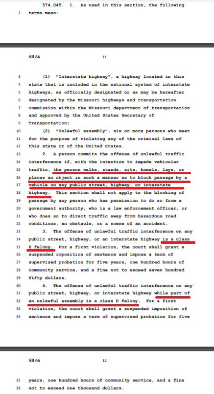Eighth, SB66 creates a new crime called "unlawful traffic interference."It makes it a felony to walk, stand, sit, kneel, lay or put an object in such a way that prevents a vehicle from driving on a street, highway, or interstate without a permit.14/