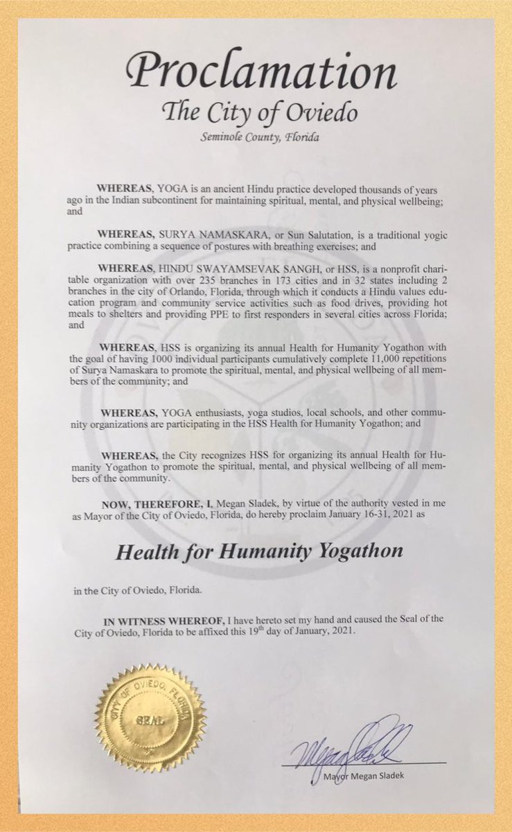 RavindherReddy's tweet photo. Proclamations from Mayors of Oviedo, Maitland and Winter Springs.
#YogaforHumanity
#SNY2021
#HealthforHumanity

#HSS #HinduSwayamsevakSangh https://t.co/0CzUsuG281