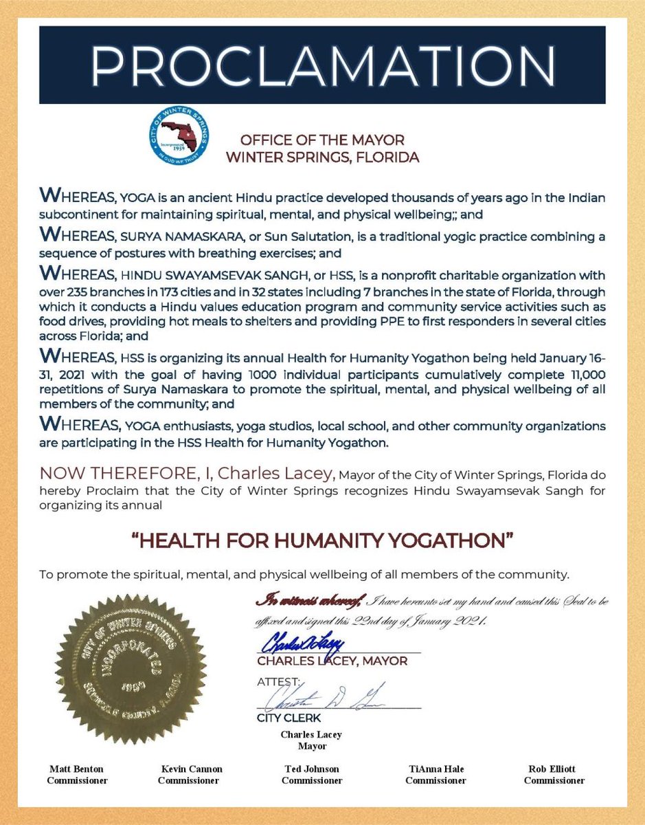 RavindherReddy's tweet photo. Proclamations from Mayors of Oviedo, Maitland and Winter Springs.
#YogaforHumanity
#SNY2021
#HealthforHumanity

#HSS #HinduSwayamsevakSangh https://t.co/0CzUsuG281