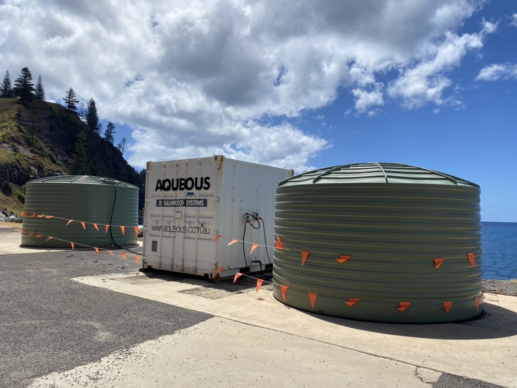 Although there is no distribution system (pipes) through which to supply the water, Norfolk Island does have a small containerised seawater desalination plant. The desalinated water is stored in tanks and available for water carters to deliver as needed.