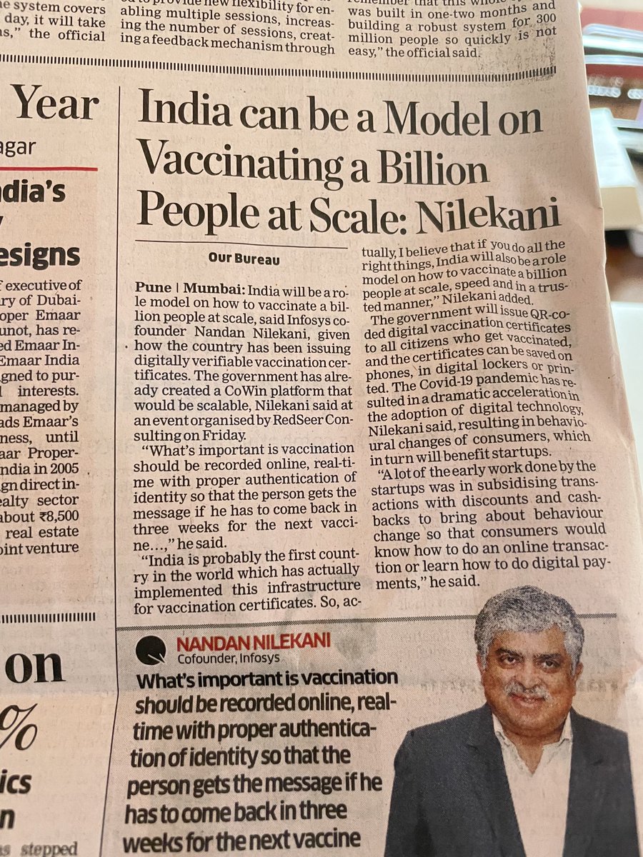 Suhelseth's tweet photo. Brilliant suggestion from ⁦@NandanNilekani⁩ : ideally we should create a V-AADHAR: a vaccination Aadhar so that data is real time and aggregated...and acts as certification for airlines / offices etc who want validation. ⁦@narendramodi⁩ ⁦@drharshvardhan⁩ https://t.co/uG1J2ft4k7