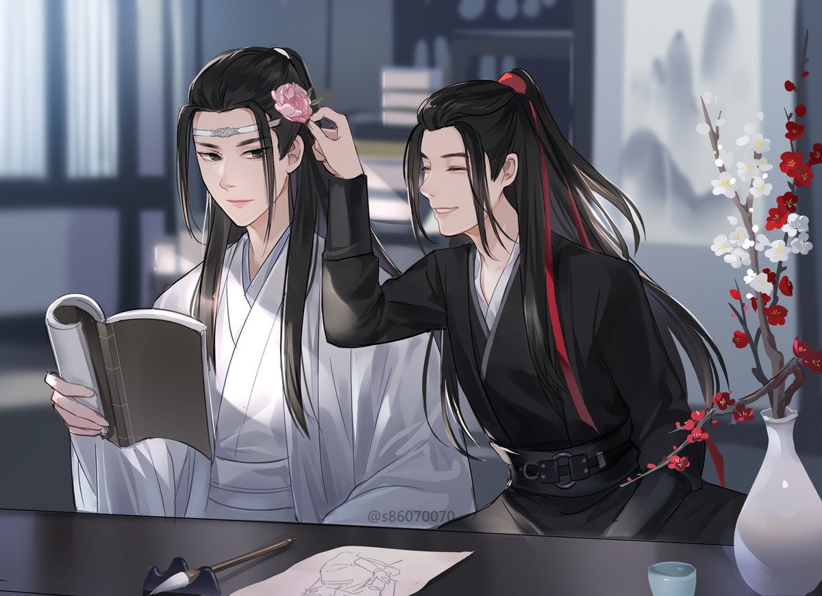 flower 2boys multiple boys book chinese clothes hanfu long hair  illustration images