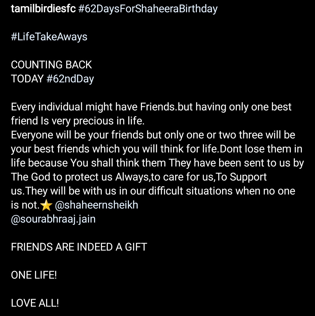 TamilBirdiesFC's tweet photo. #62DaysForShaheeraBirthday
#LifeTakeAways
COUNTING BACK
TODAY #62ndDay
@Shaheer_S
@saurabhraajjain
FRIENDS ARE INDEED A GIFT
#ShaheerSheikh #SourabhRaajJain
#TamilBirdiesFc #loverespectsupport https://t.co/TsD4dJQ1Pk