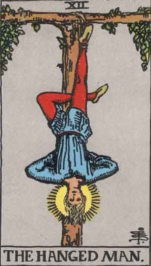 Spike: The Hanged Man (the Ultimate Sacrifice)UPRIGHT: Breaking old patterns, circumspection, letting go, metamorphosisREVERSED: Egotism, inability to change, missing an opportunity