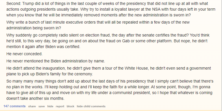 This is a sticky(!) from a QAnon board. It correctly observes that 1) Trump's plan to form a party is not consistent with his stated belief that elections are stolen. So 2) either Trump is a dishonest grifter OR some weird conspiracy is happening.So far, we agree!