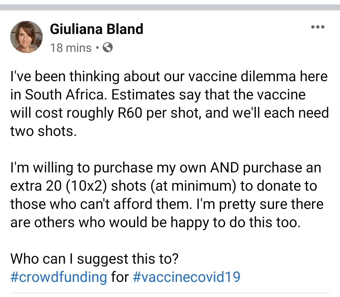 GiulesB65's tweet photo. How do we #crowdfund for #vaccines for South Africa? I'm willing to do my part and help get vaccines to all South Africans without the country going into debt. 
@GiftoftheGivers @CyrilRamaphosa @PresidencyZA @DrZweliMkhize @HealthZA @SolidarityRSA https://t.co/4GRIz3YzK0