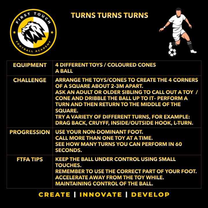 First_Touch_FB's tweet photo. It’s Saturday which can only mean one thing. The next #FTFA stay @ home challenge is here!

This weeks practice combines ball manipulation, dribbling &amp; a variety of turns. Give it a go &amp; tag us! 🟡⚪️⚫️

#FirstTouchFootball #TurnsTurnsTurns #StayAtHomeChallenge #YouthDevelopment https://t.co/TPUAFqMZ1C