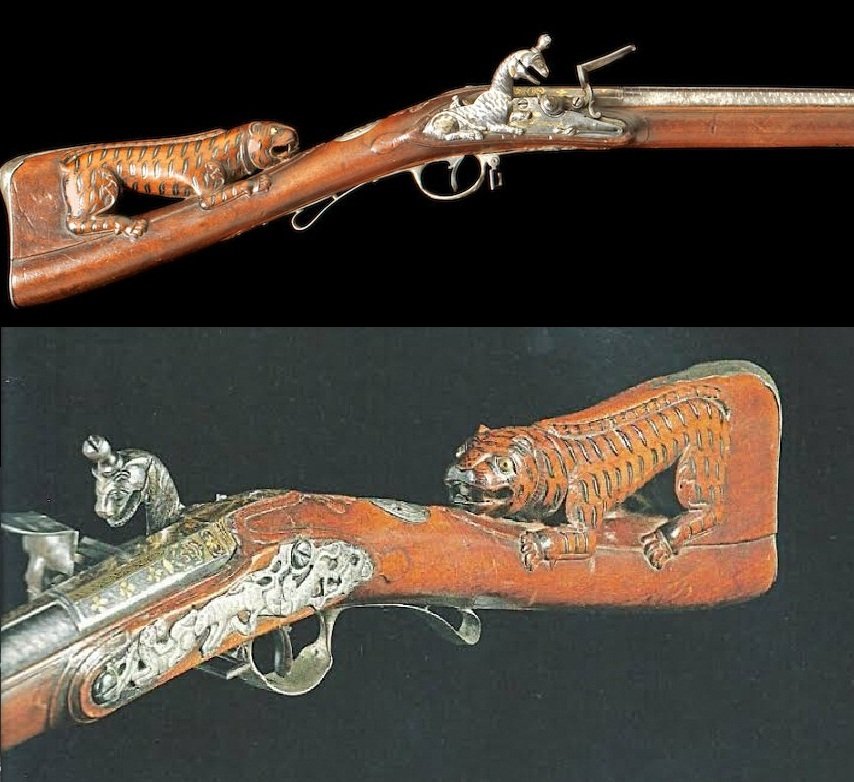 A two-shot superimposed-load silver-mounted rifle from the personal armoury of Tipu Sultan. Presented to Lord Cornwallis after the Fall of Seringapatam, 1799.Via : Tigers Round the Throne: Court of Tipu Sultan by Anne Buddle6/8